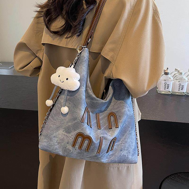 大学生上课通勤托特包女斜挎包一包多背牛仔帆布包包女松弛感背包