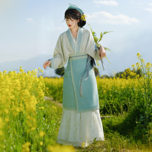花朝记｜青荠｜宋制汉服飞机袖 褶裙清新田园日常 旋裙两片裙一片式