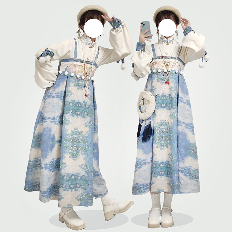 油画风针织立领齐胸裙