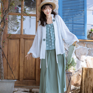 花朝记｜南风｜宋制汉服元素对襟衫三裥裙吊带印花棉日常文艺防晒