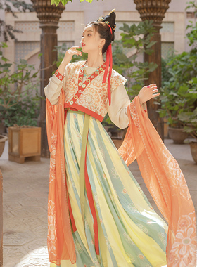 龟兹故梦 唐三彩 花朝记汉服唐背子圆领衫66破裙宽披帛汉服春夏女