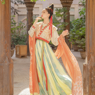 花朝記漢服唐背子圓領衫 66破裙寬披帛漢服春夏女 唐三彩 龜茲故夢