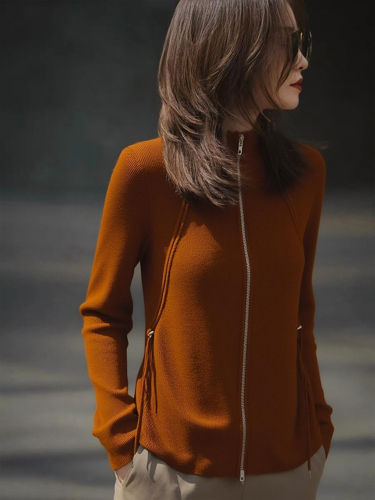 焦糖橙色拉炼针织开衫女2025早秋氛围感穿搭半高领修身打底衫上衣,女装/女士精品,羊绒衫,淘宝优惠券,粉丝福利购,淘宝优惠卷