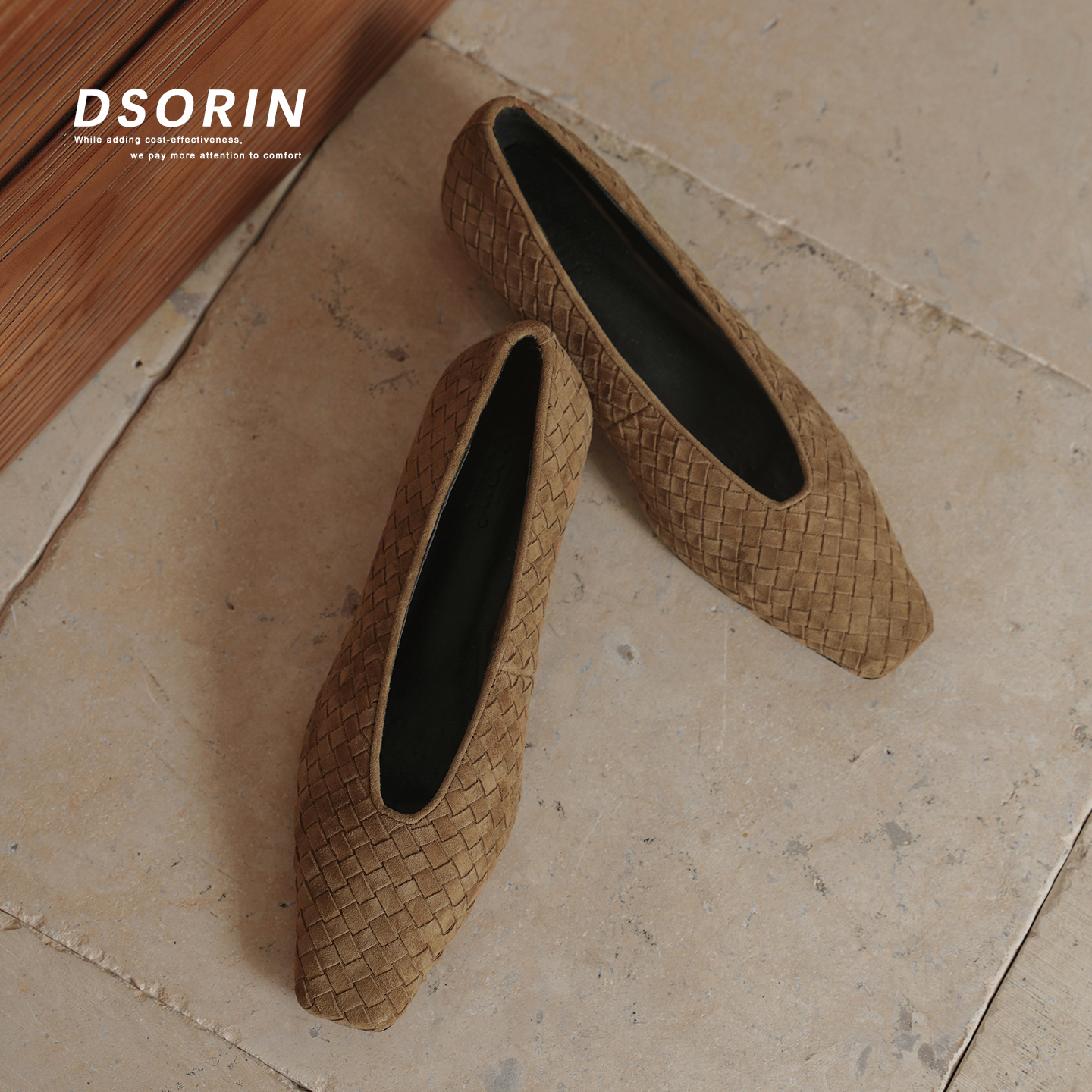 DSORIN【晨雾卡其】编织小方头坡跟单鞋女羊京磨砂皮深口女鞋秋季