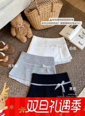 灰色蝴蝶结蕾丝半身裙女夏季小个子高腰a字裙防走光百搭包臀短裙