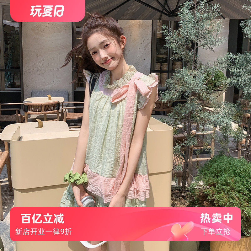 小飞袖拼色蝴蝶结上衣蛋糕短裙套装2025夏季新款浅绿色时尚两件套