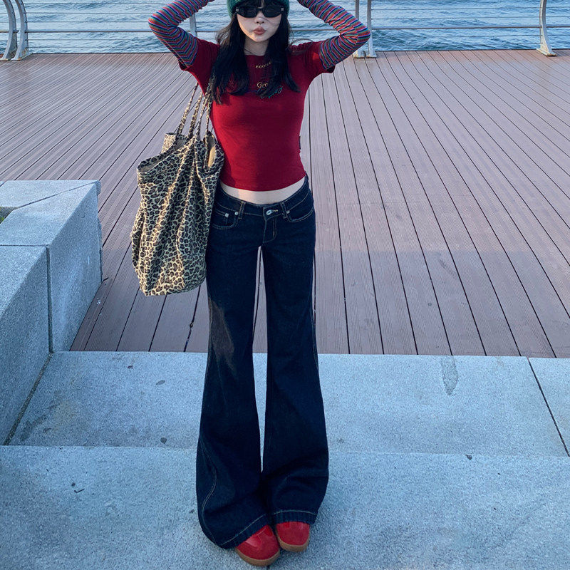 深蓝色低腰微喇牛仔裤女2025秋冬新款美式辣妹显瘦垂感阔腿拖裤子,女装/女士精品,牛仔裤,淘宝优惠券,粉丝福利购,淘宝优惠卷