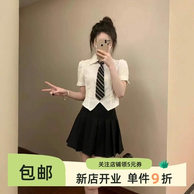 JK制服套装夏季学院风收腰白色衬衫女短袖设计感小众显瘦修身上衣