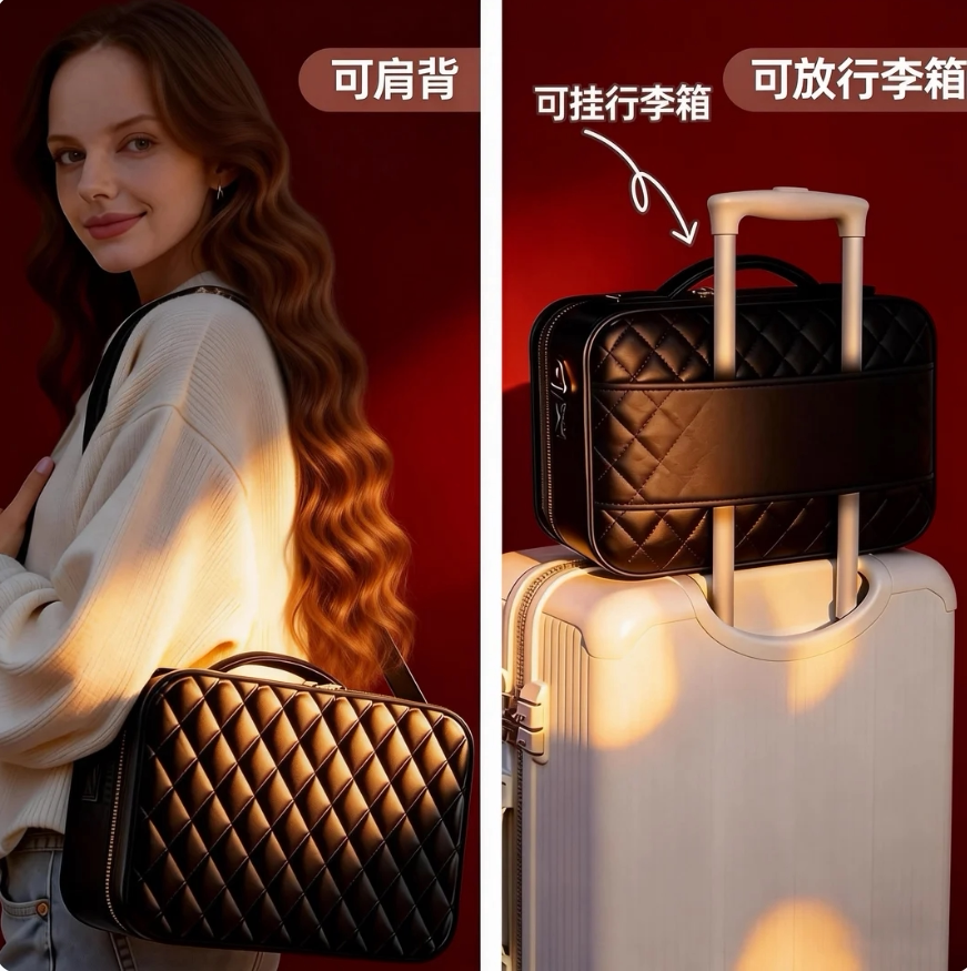 高级带LED镜子化妆包女便携式护肤品美妆通勤挂行李箱分区收纳包