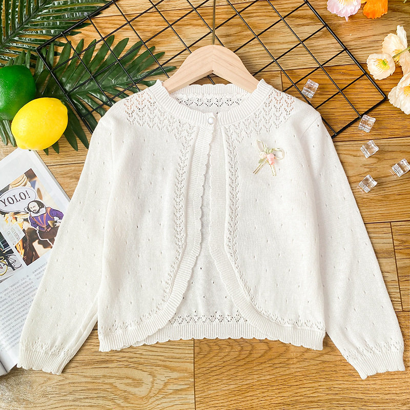 夏女童薄款镂空针织开衫纯棉宝宝小坎肩披肩空调衫婴幼儿防晒外套