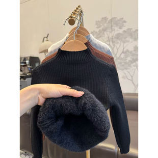 秋冬季儿童一体绒打底衫针织半高领毛衣纯色男女童上衣加绒童装