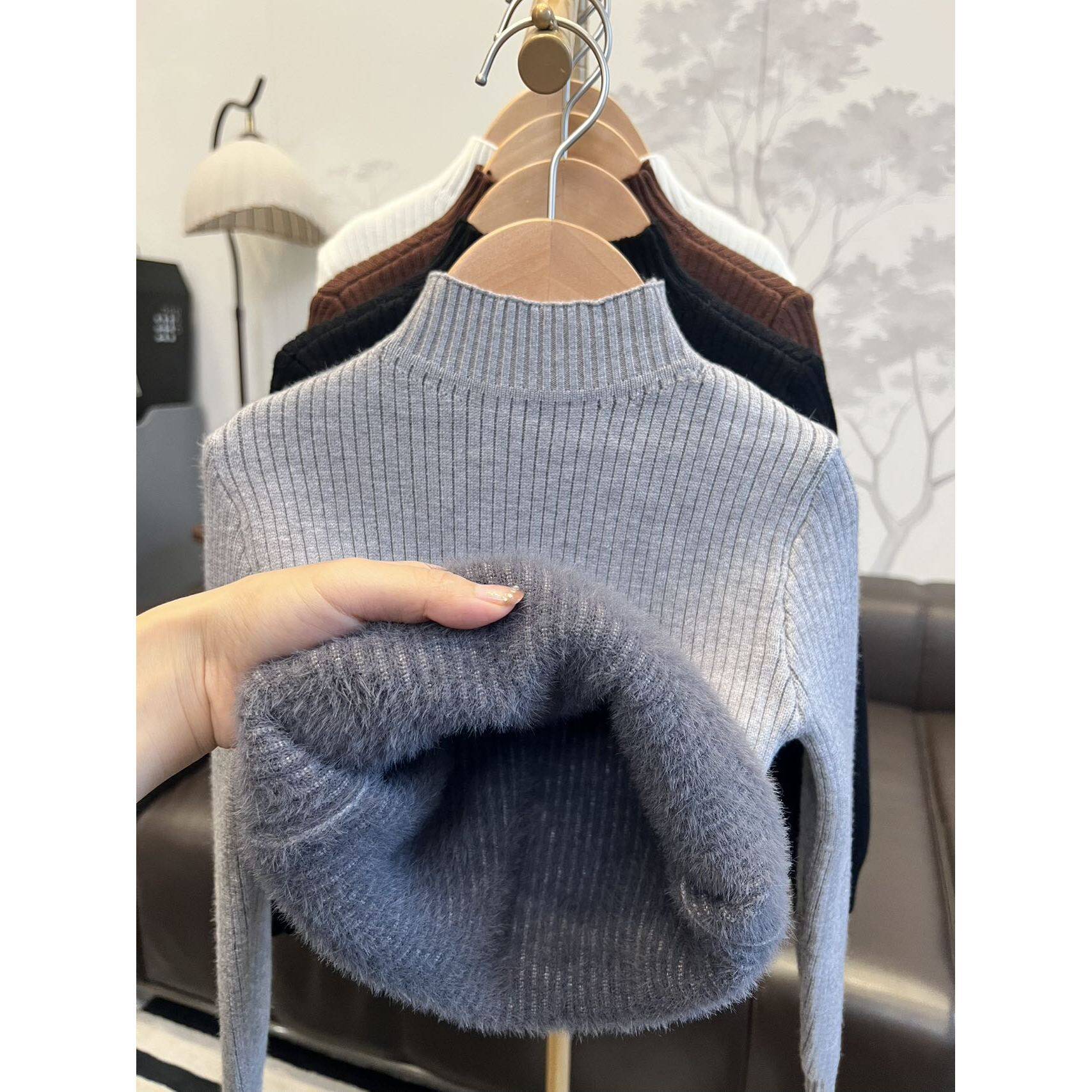 秋冬季儿童一体绒打底衫针织半高领毛衣纯色男女童上衣加绒童装