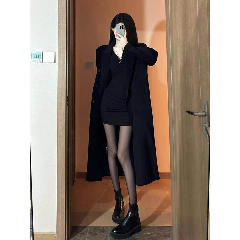 法丽婕黑色毛呢大衣2024年新款