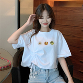 宽松小个子高腰很仙 高腰短袖 t恤女小众设计感韩版 抽绳上衣ins潮