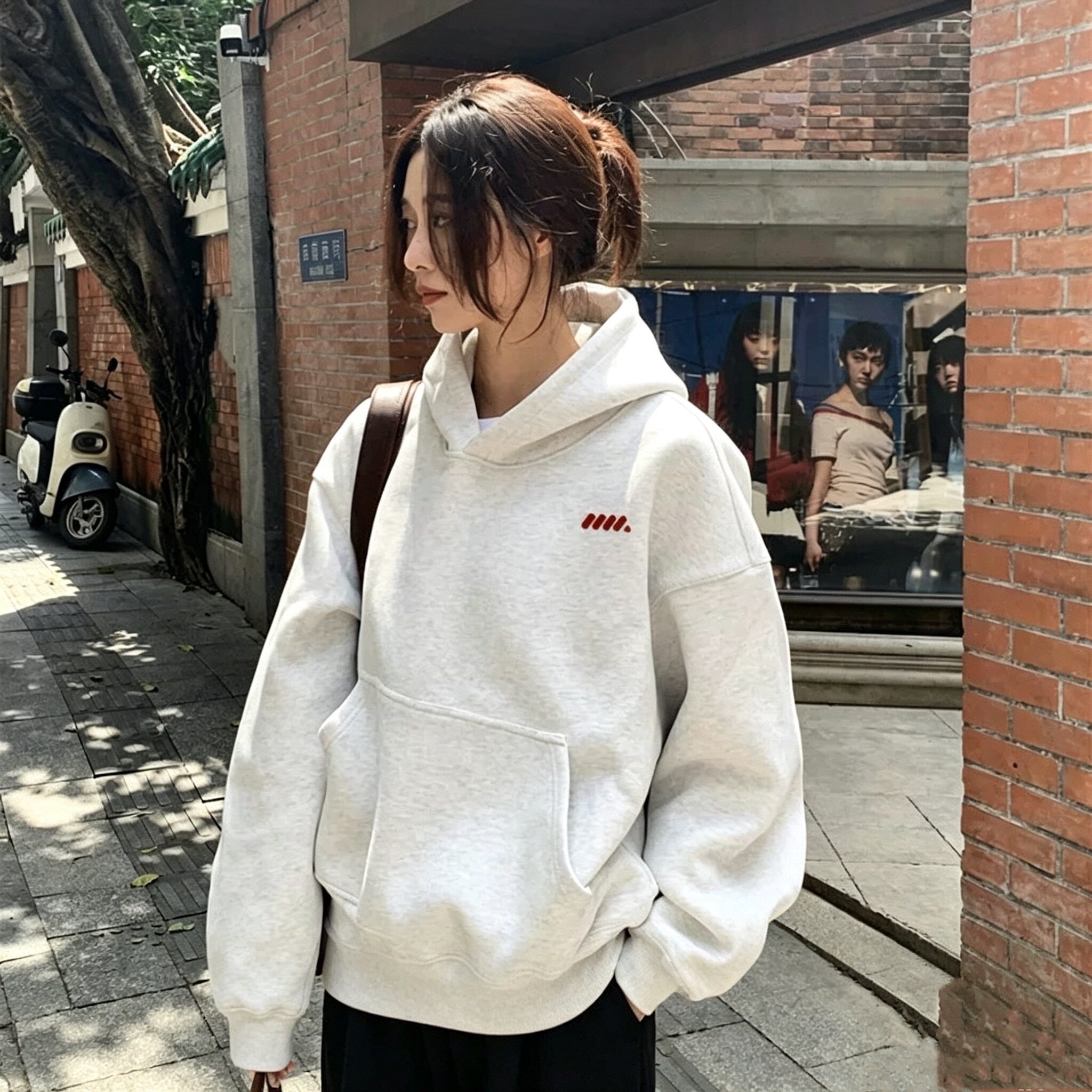 韩系休闲慵懒风花灰色连帽卫衣女2026新款高级感宽松简约帽衫外套