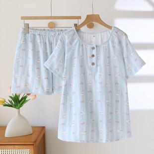 全棉麻家居服 短裤 卡通纯棉纱布睡衣女款 夏可出门少女学生宿舍短袖