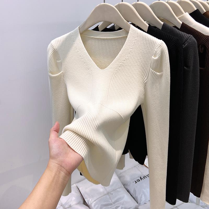 2025新款韩版时尚V领长袖打底衫女套头毛衣2024冬季新款洋气泡泡