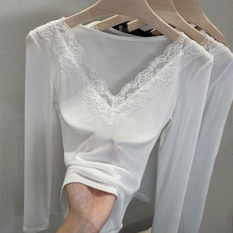 2025新款韩版蕾丝v领针织打底衫女低领小衫西装内搭黑色白色t恤女