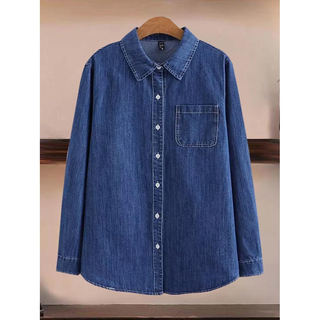 2025新款韩版加码加码长袖开襟衬衫春秋季新款松腹牛仔衬衫中年妈