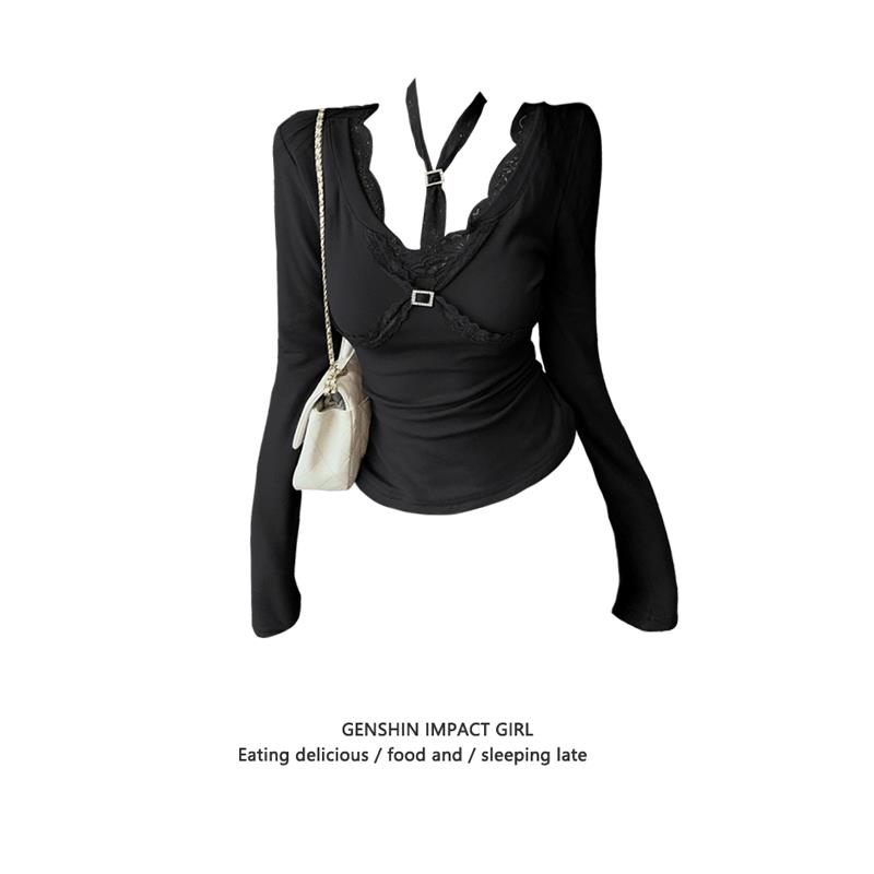 2025新款韩版纯欲风挂颈修身长袖T恤女秋冬显瘦蕾丝设计感打底内