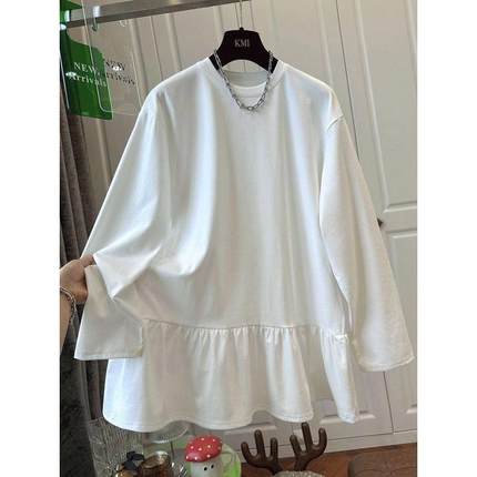 2025新款韩版200斤大尺码慵懒风圆领白色荷叶边长袖T恤女打底衫宽