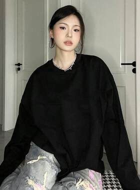 2025新款韩版黑色圆领卫衣女春秋款加绒纯色基础款内搭大码宽松无