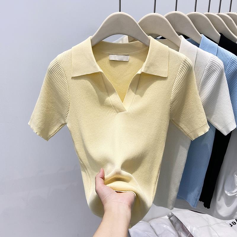 2025新款韩版2025春秋新款时尚翻领短袖针织衫女修身显瘦百搭洋气