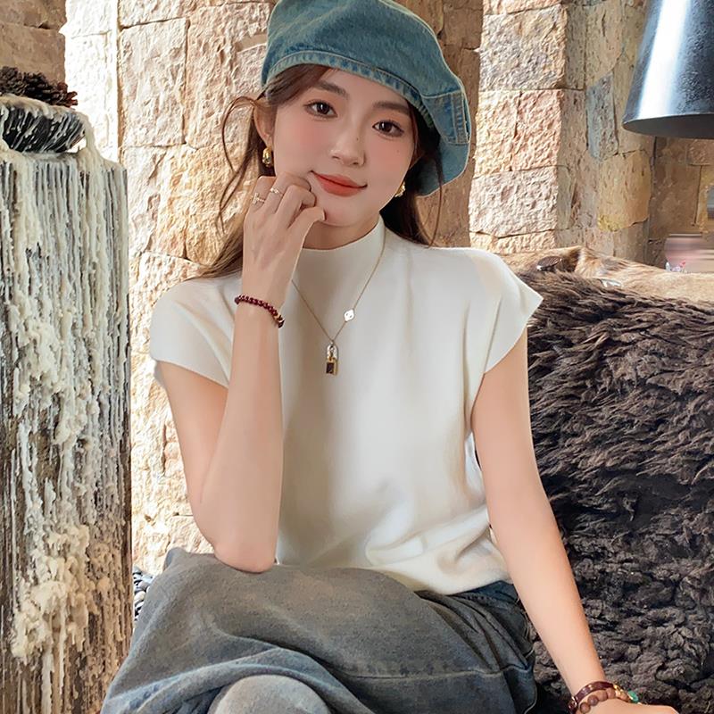 2025新款韩版2025年早秋新款冰丝针织打底衫半高领短袖T恤女白色