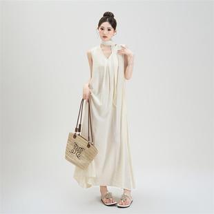 新款 2025新款 飘带连衣裙女夏季 韩版 宽松慵懒风背心吊 杏色V领无袖