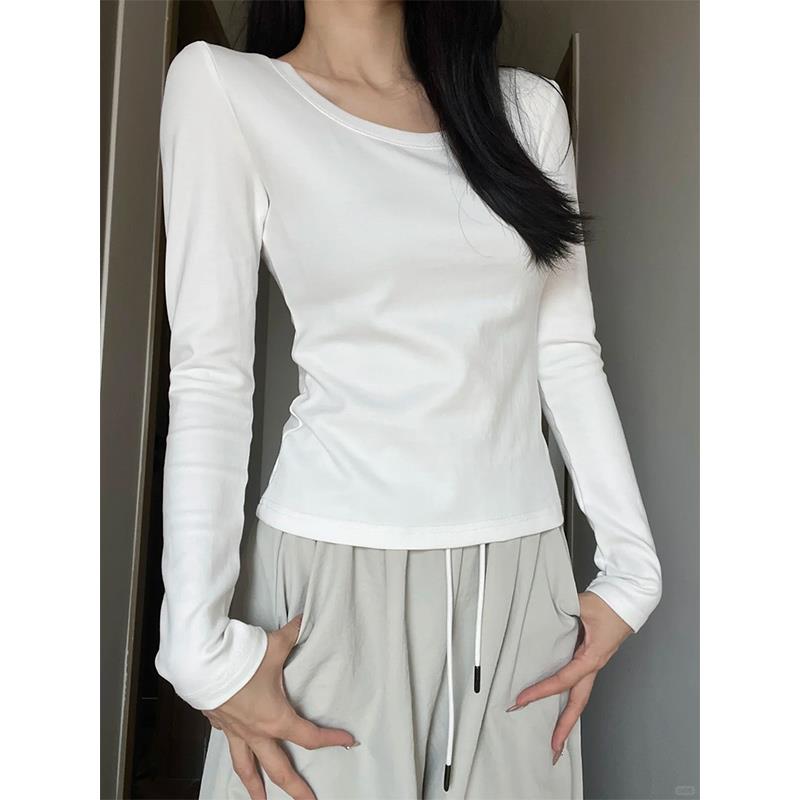 2025新款韩版百搭U领正肩打底衫女2025春季薄绒磨毛长袖内搭上衣