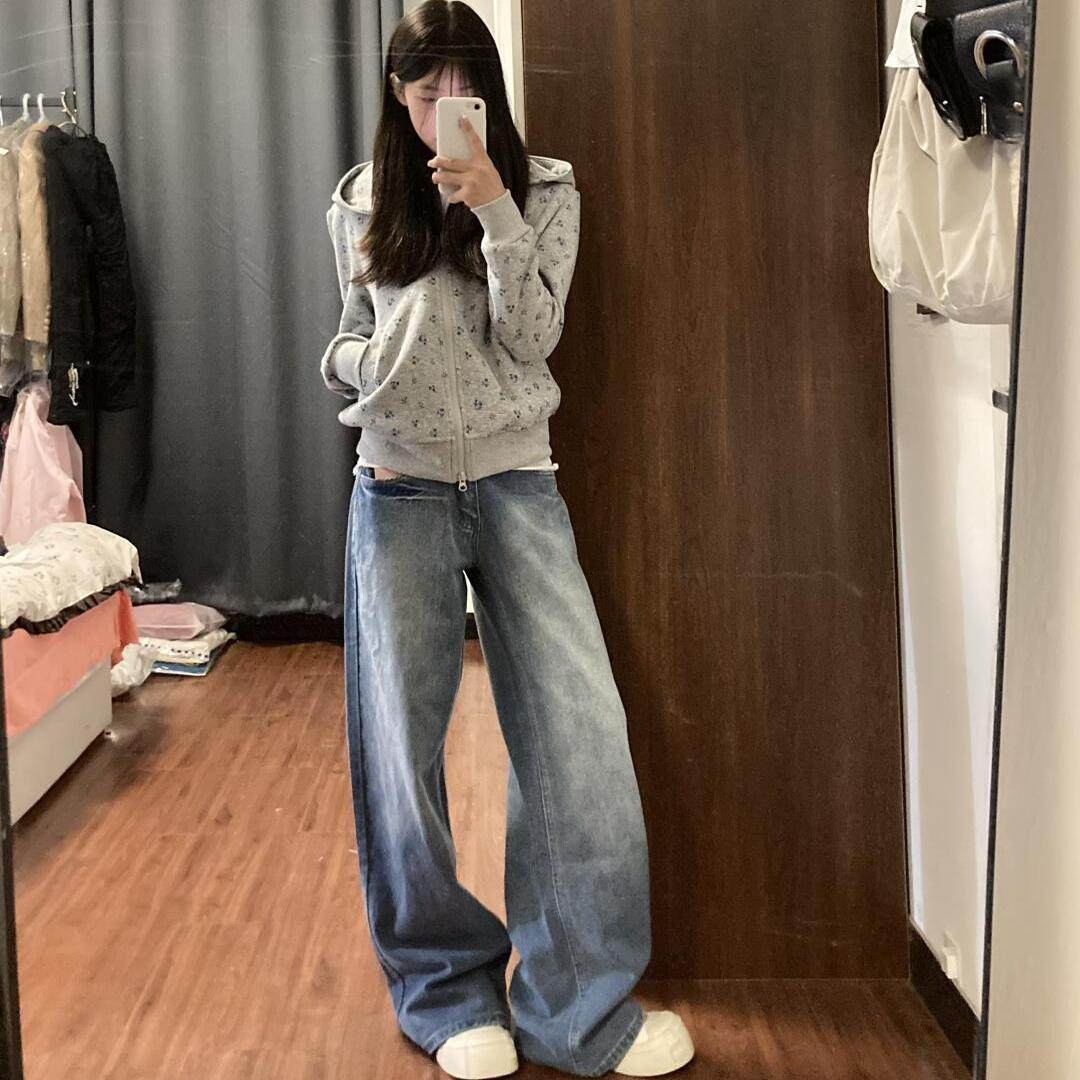 2025新款韩版灰色美式小碎花连帽运动衫女春秋季2025年新款爆款ch