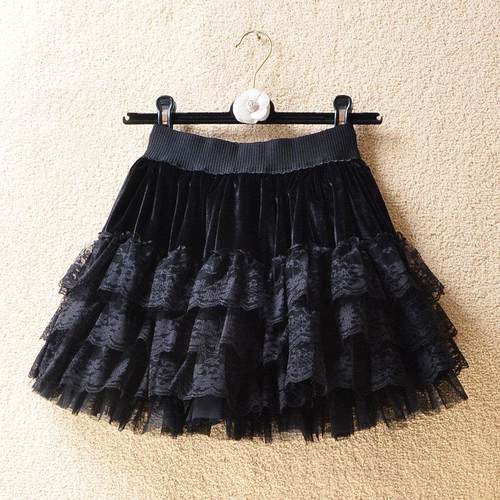 2025新款韩版金丝绒蓬蓬半身裙女秋冬高腰显瘦多层蛋糕裙蕾丝边网