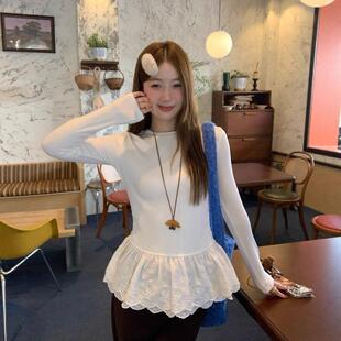 2026新款韩版内搭秋冬加绒打底衫女白色蕾丝花边下摆加厚正肩长袖
