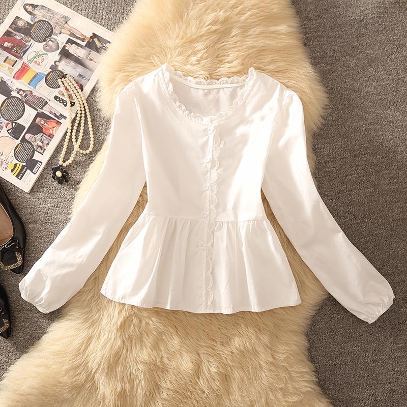 2025新款韩版立领木耳边白色长袖衬衫女装春秋季2025新款娃娃小衫