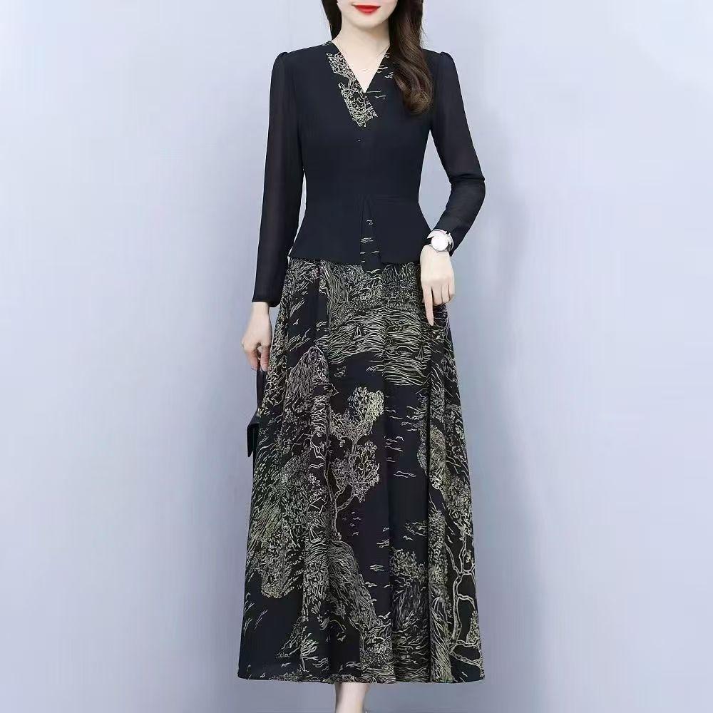 2025新款韩版高级感冰丝缎长袖连衣裙女2025春秋新款假两件遮肚显