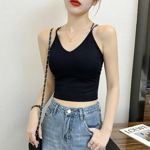 2025新款 韩版 黑色V领吊带背心女夏季 内搭带胸垫针织美背露肩短款