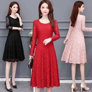 2025新款韩版春秋圆领连衣裙长袖修身中长款大摆裙显瘦收腰内搭裙