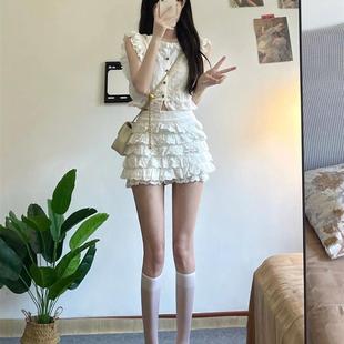 衬衫 微胖MM夏季 辣妹荷叶边套装 蛋糕半身裙 上衣 韩版 2025新款 大码