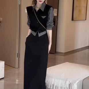 两件套女装 2025新款 新款 韩版 时 气质显瘦高级条纹半身裙女2025春季