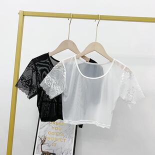 2026新款 网纱短袖 t恤女性感露脐纱衣半截蕾丝打底衫 女白色紧 韩版