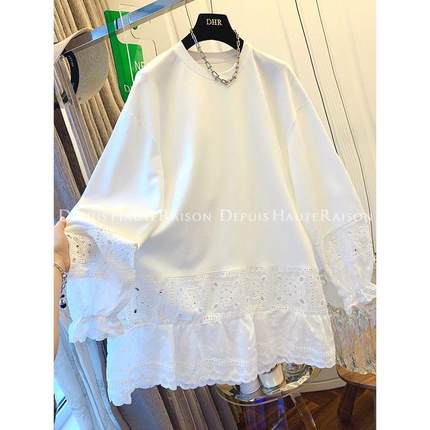 2025新款韩版200斤大尺码法式蕾丝白色长袖T恤打底衫娃娃衫宽松上