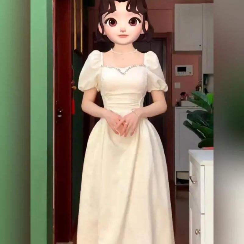 2025新款韩版大码胖mm法式宫廷风连衣裙女夏季高级感镶钻重工方领