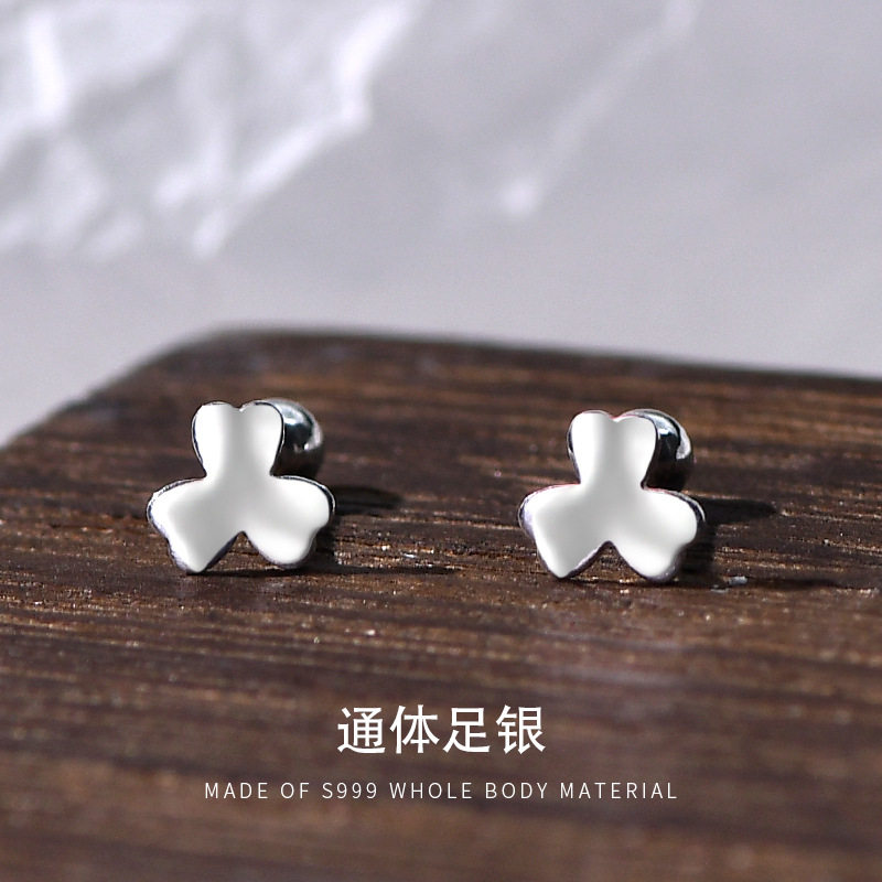 三叶草花朵耳环女S999纯银韩国简约气质耳饰原宿ins螺丝后堵耳钉