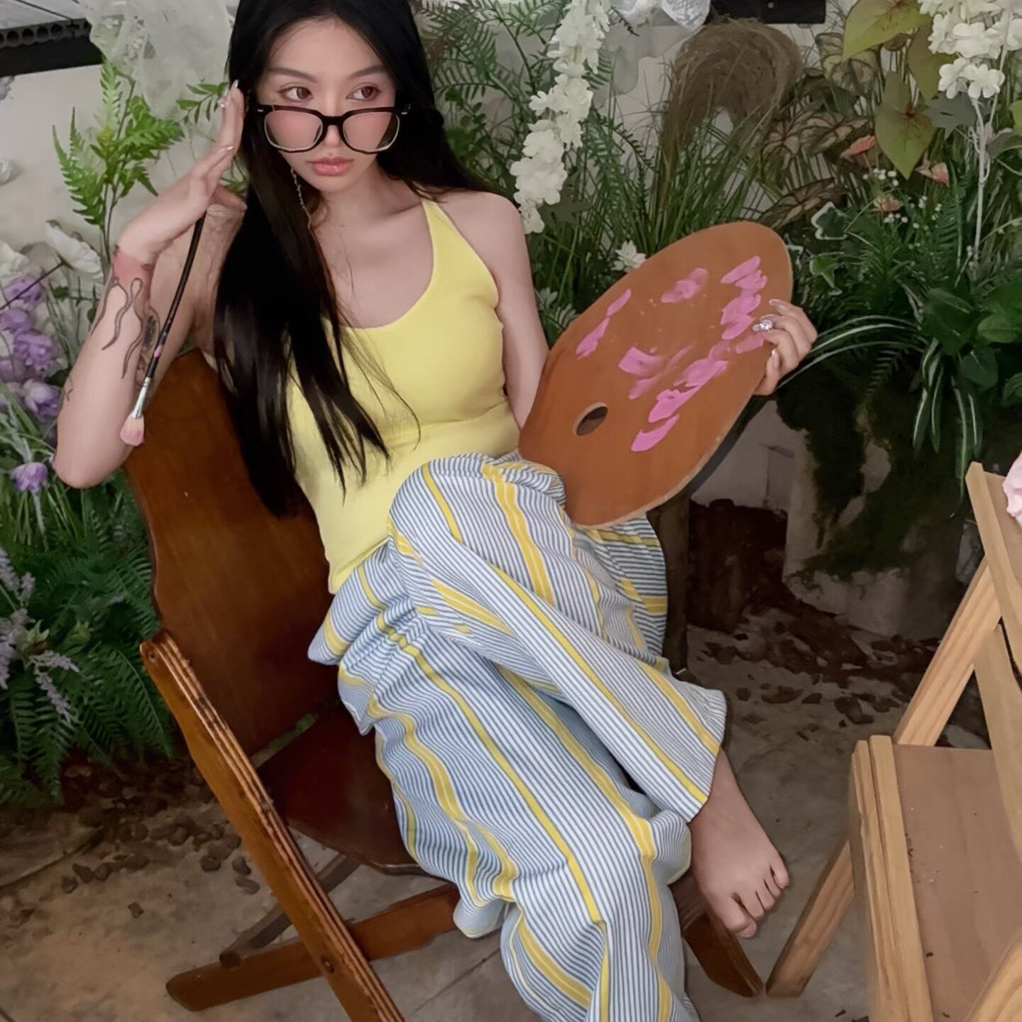 带胸垫韩系少女感多巴胺吊带背心睡衣女夏季条纹长裤家居服可外穿