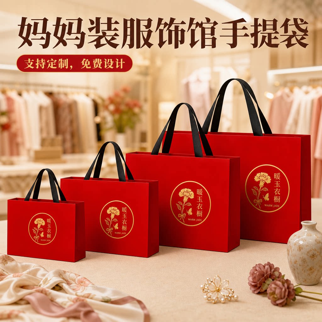 高档服装店手提袋成熟中年女装包装袋定制logo纸袋酒红购物袋Y471