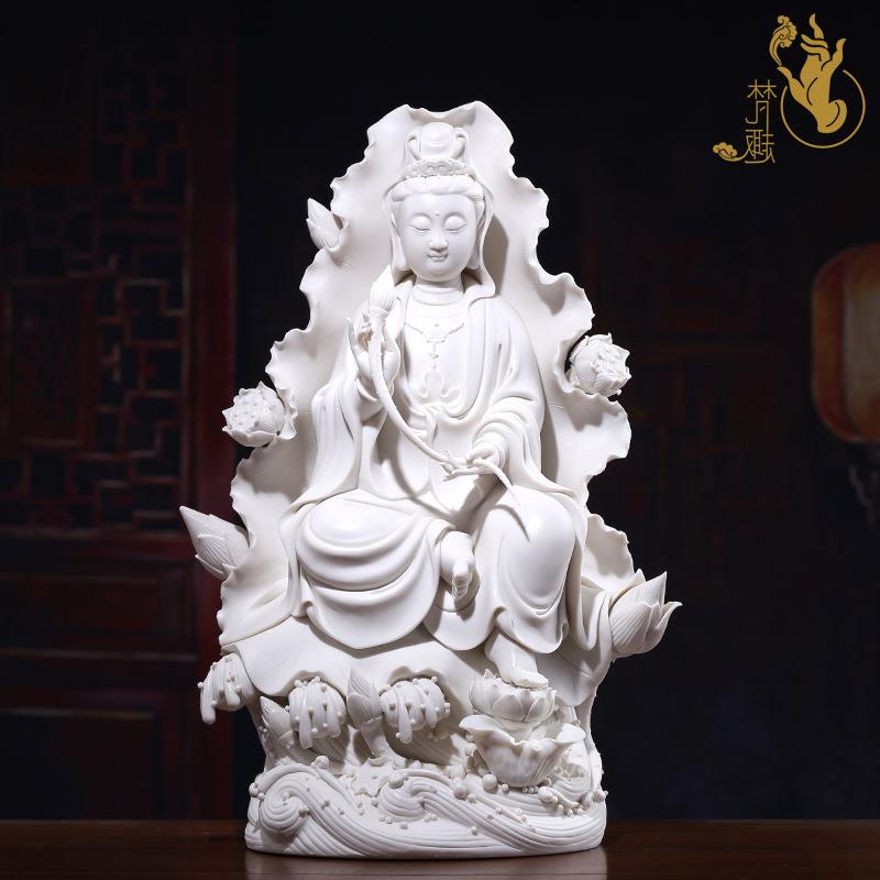 德化陶瓷雕塑工艺品观世音0菩萨佛像镇宅摆件 荷叶观音