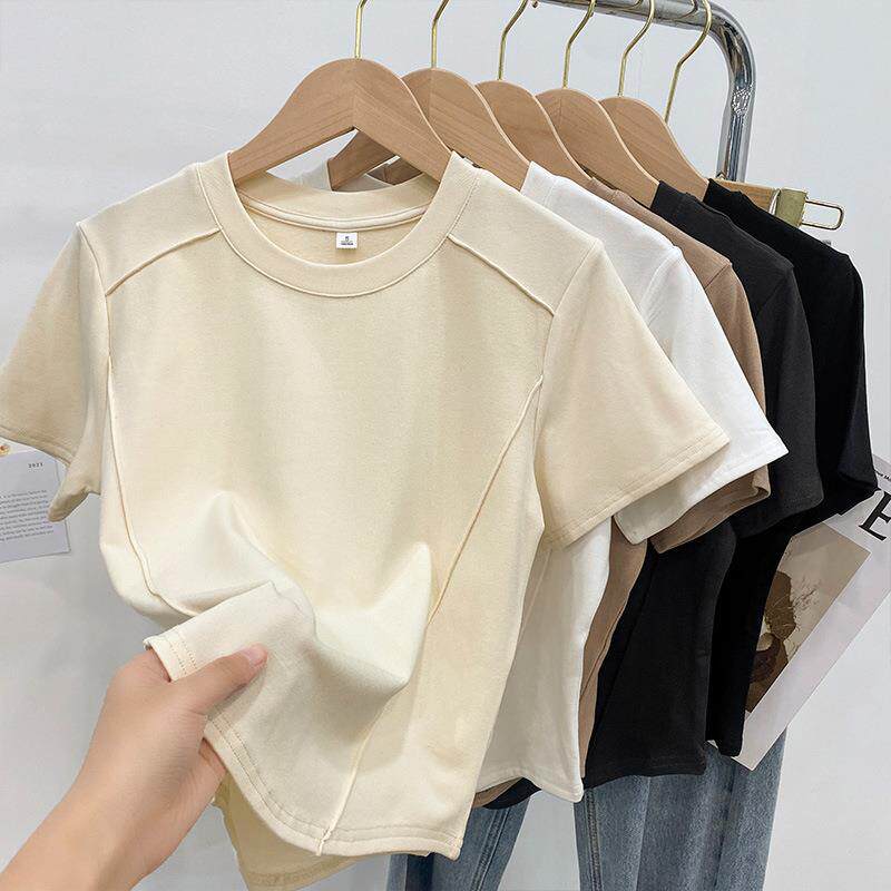 广州潮牌美衣服饰制衣有限公司纯色圆领短袖修身T恤女2025夏欧货