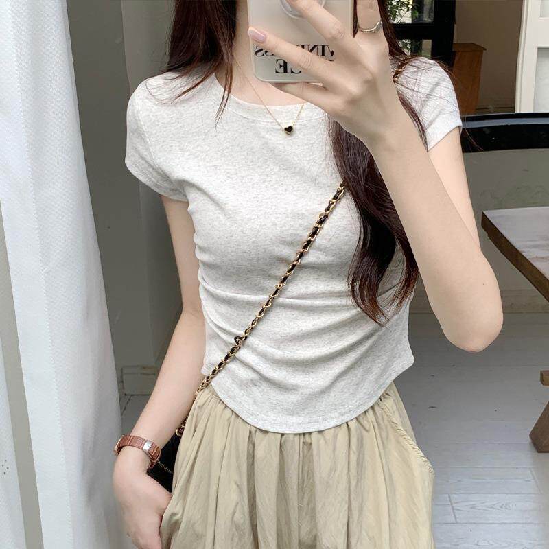 广州潮牌美衣服饰制衣有限公司正肩圆领短袖t恤女夏设计感收腰显