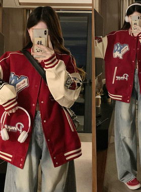 美式复古红色棒球服外套女2025春秋新款宽松大码刺绣学生百搭夹克