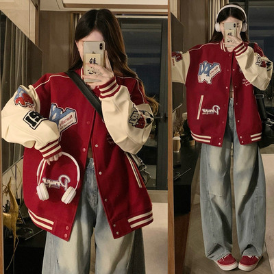 美式复古红色棒球服外套女春秋款